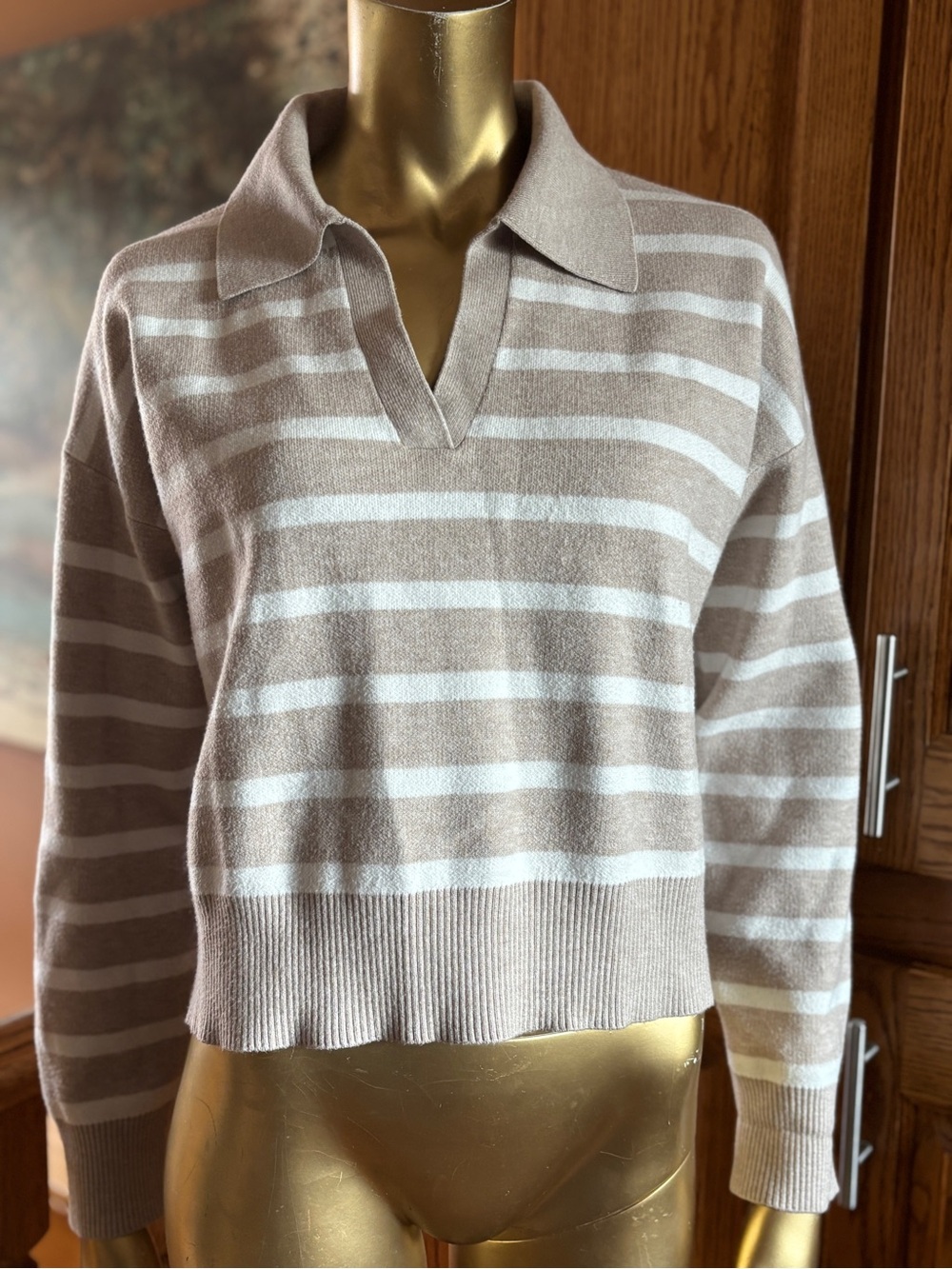 Nicole Miller Beige and White Striped Collared V-Neck Sweater